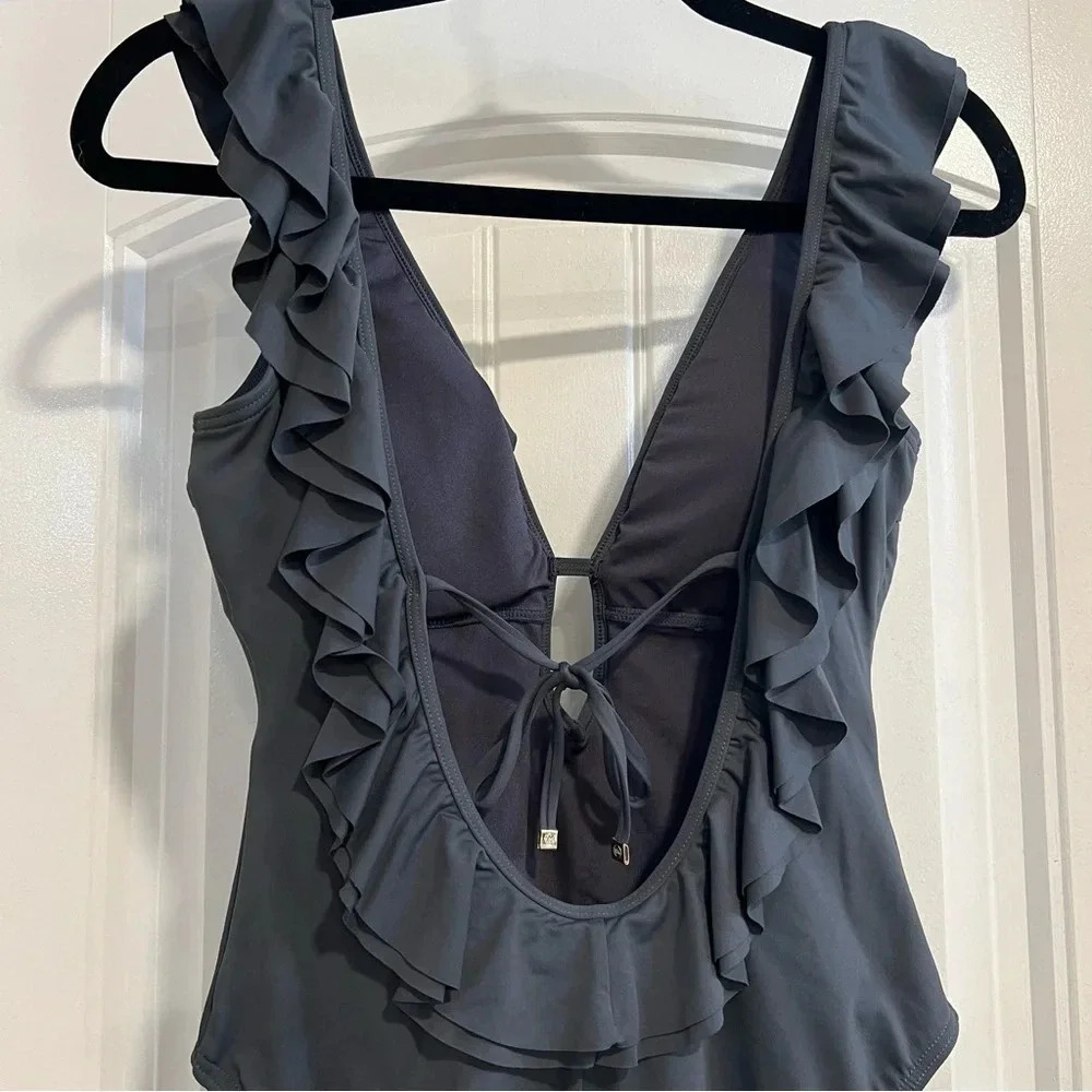 MICHAEL Michael Kors Slate Gray Ruffled Scoop-Back One-Piece Swimsuit. Size 8. - Picture 8 of 16